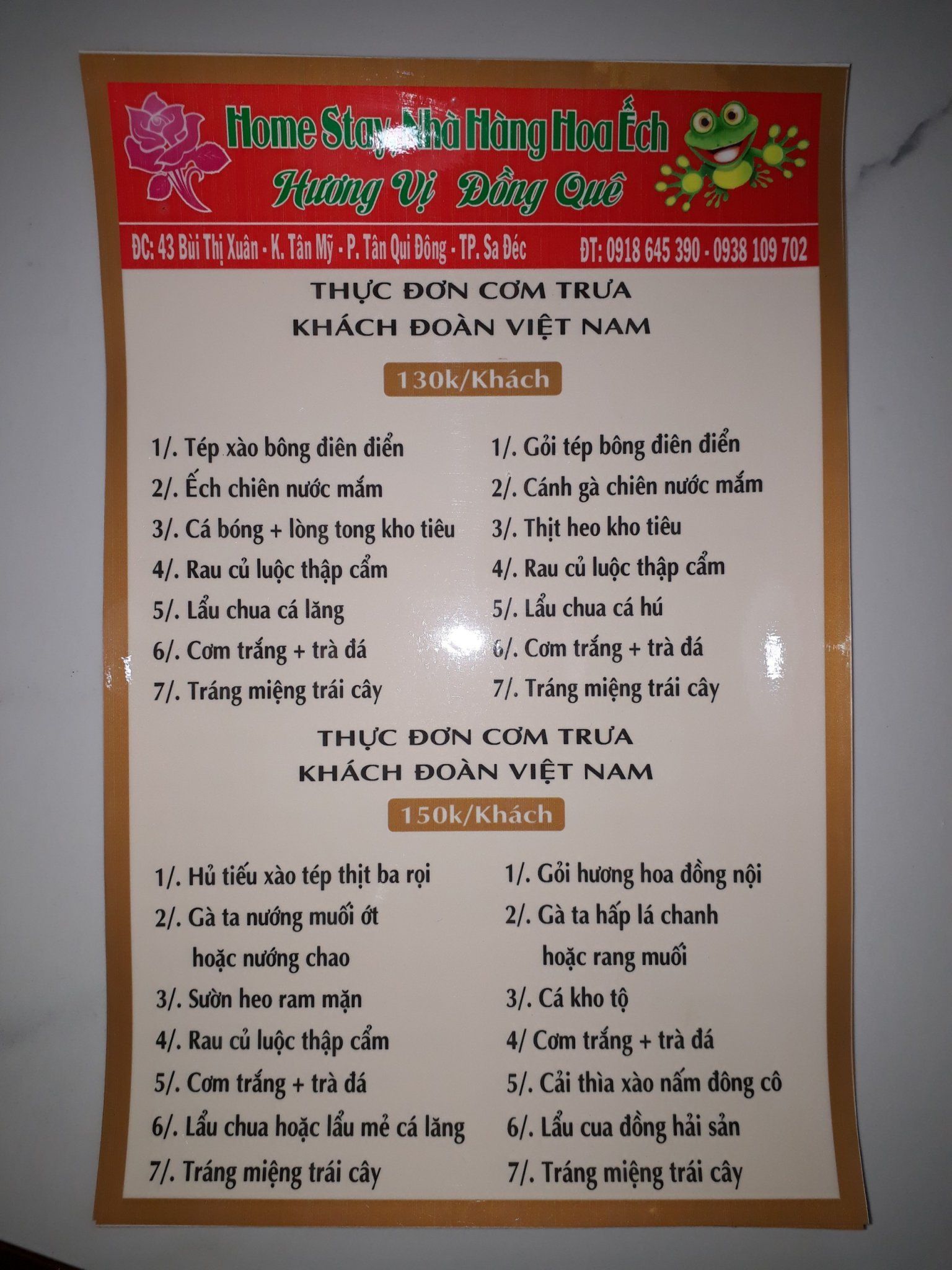 Thực đơn dành cho khách Việt Nam